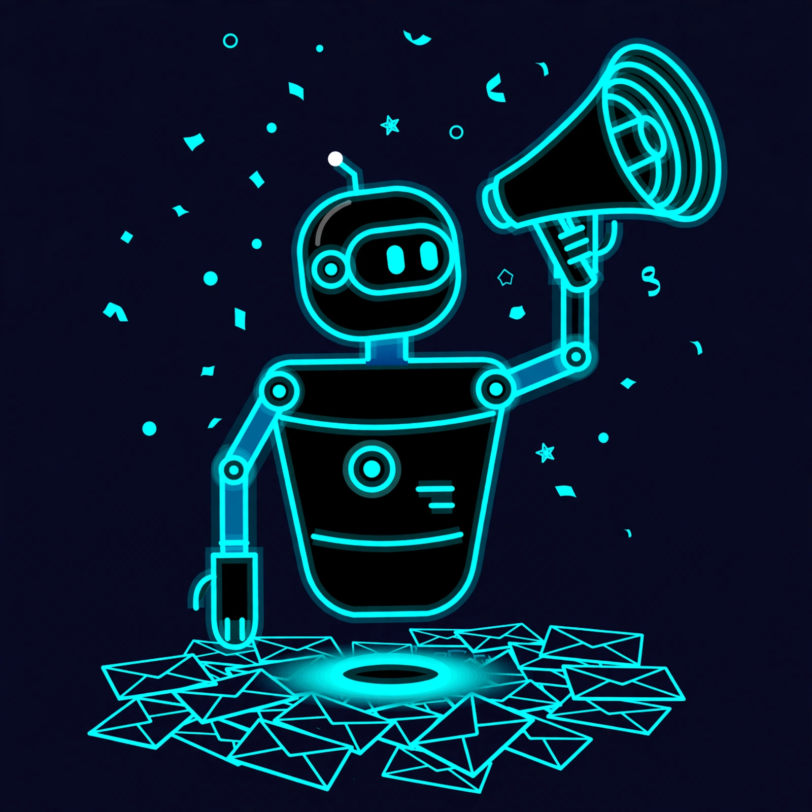 Blasty, a robot holding a megaphone, standing in a pile of envelopes with confetti in the air
