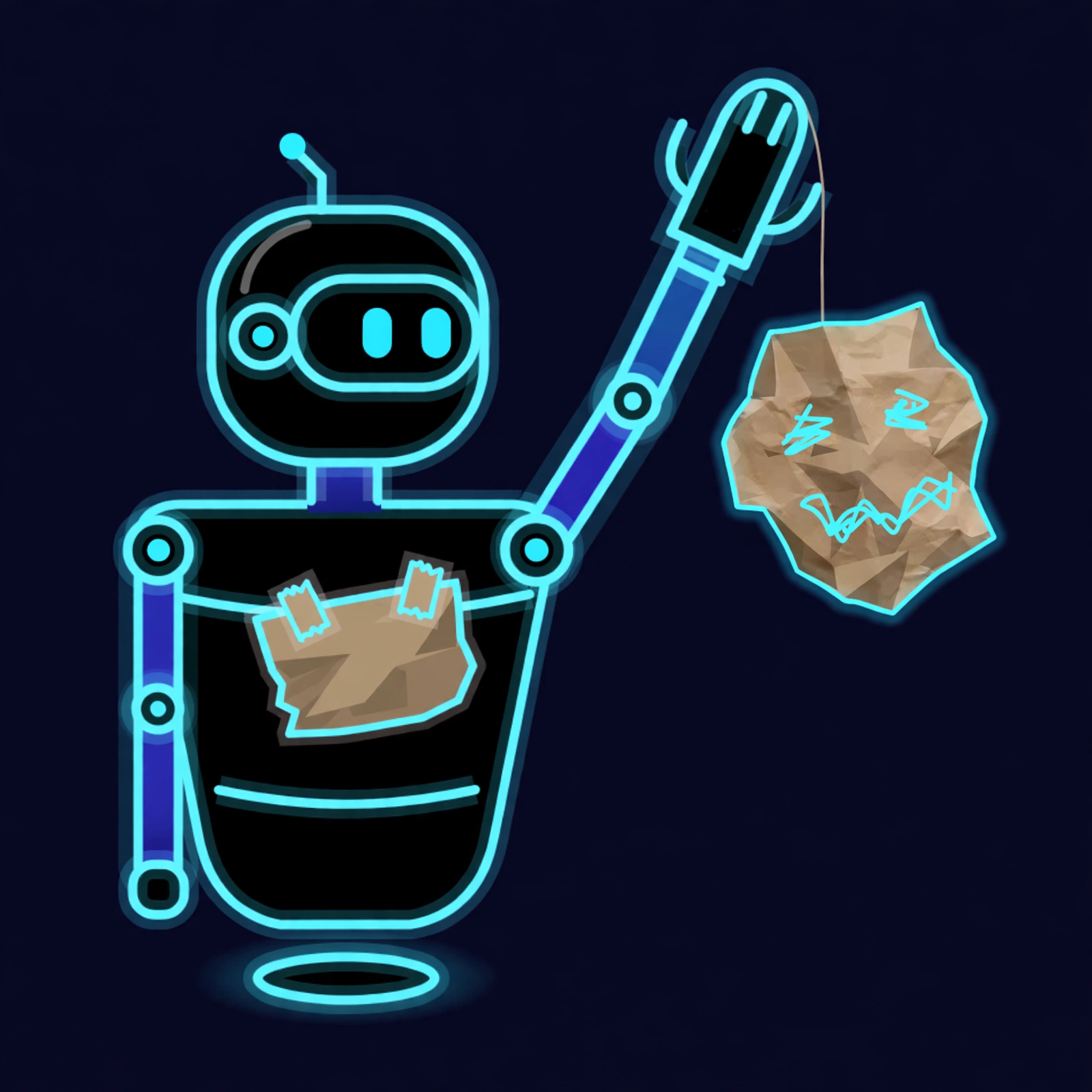 Fakey, a robot holding up a crumpled paper mask with a hand-drawn robot face, wearing a crooked cardboard badge