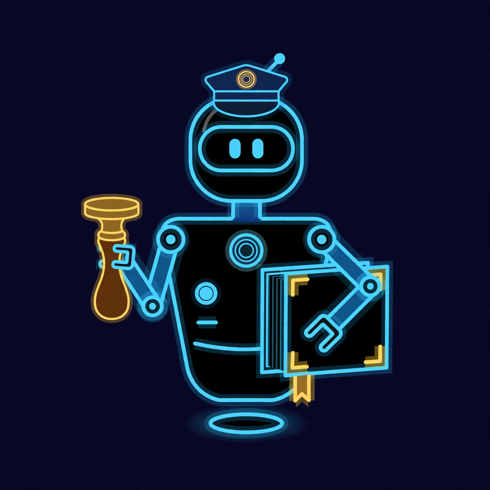 Nova, a robot in an official navy-and-brass uniform holding a large brass seal stamp and a ledger book