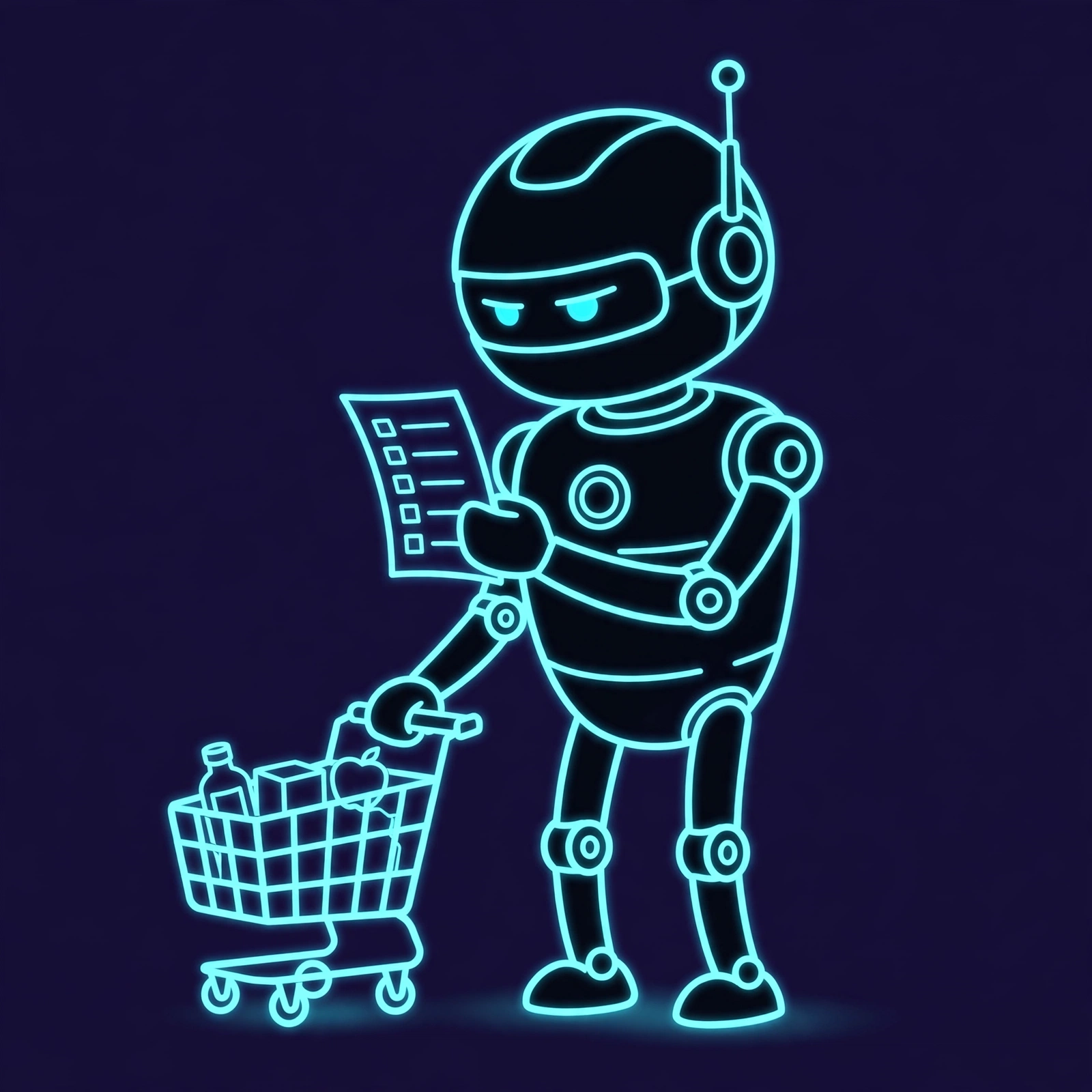 Penny, a robot reading a paper checklist while pushing a small shopping cart