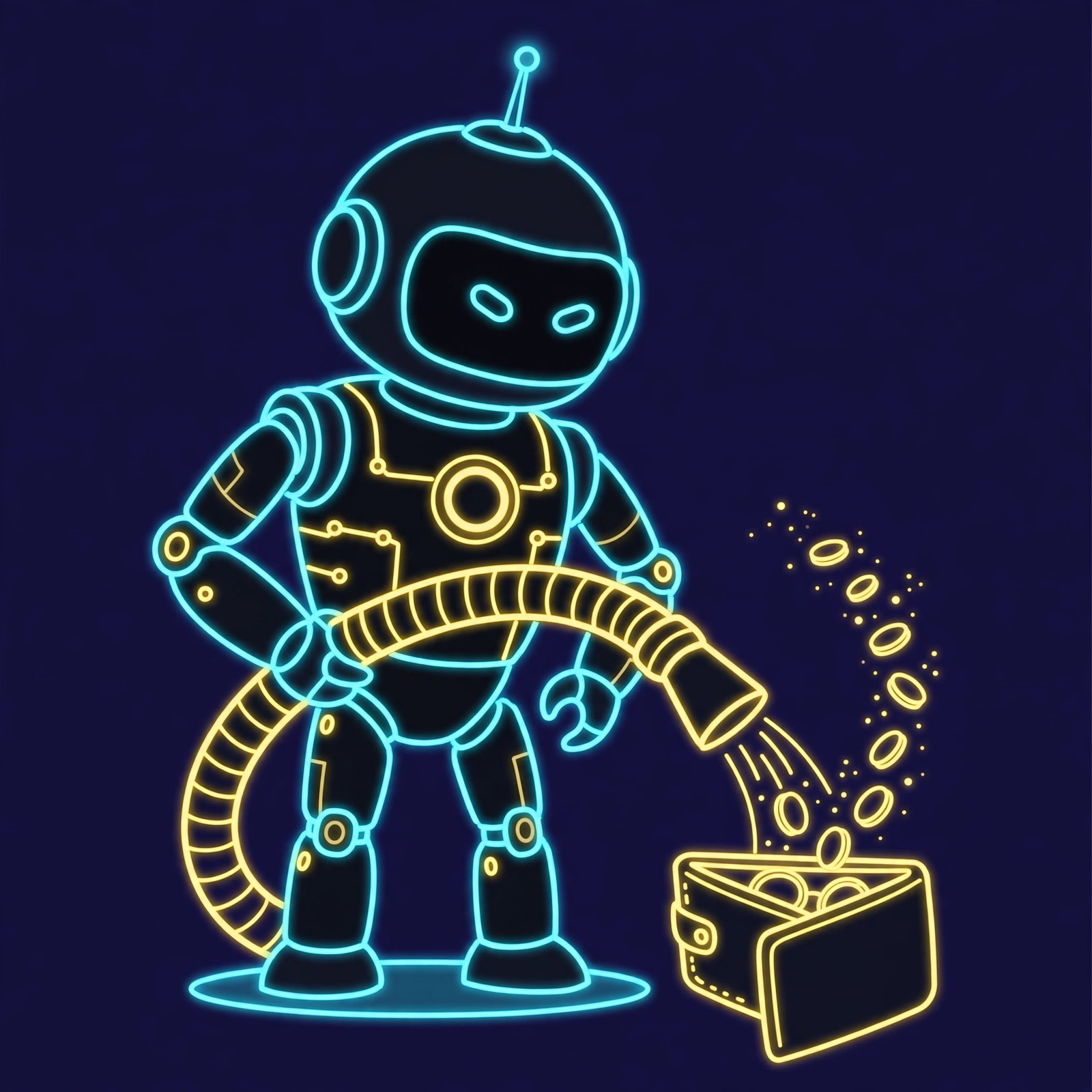 Siphon, a robot aiming a golden vacuum hose at an open wallet as coins fly toward the nozzle