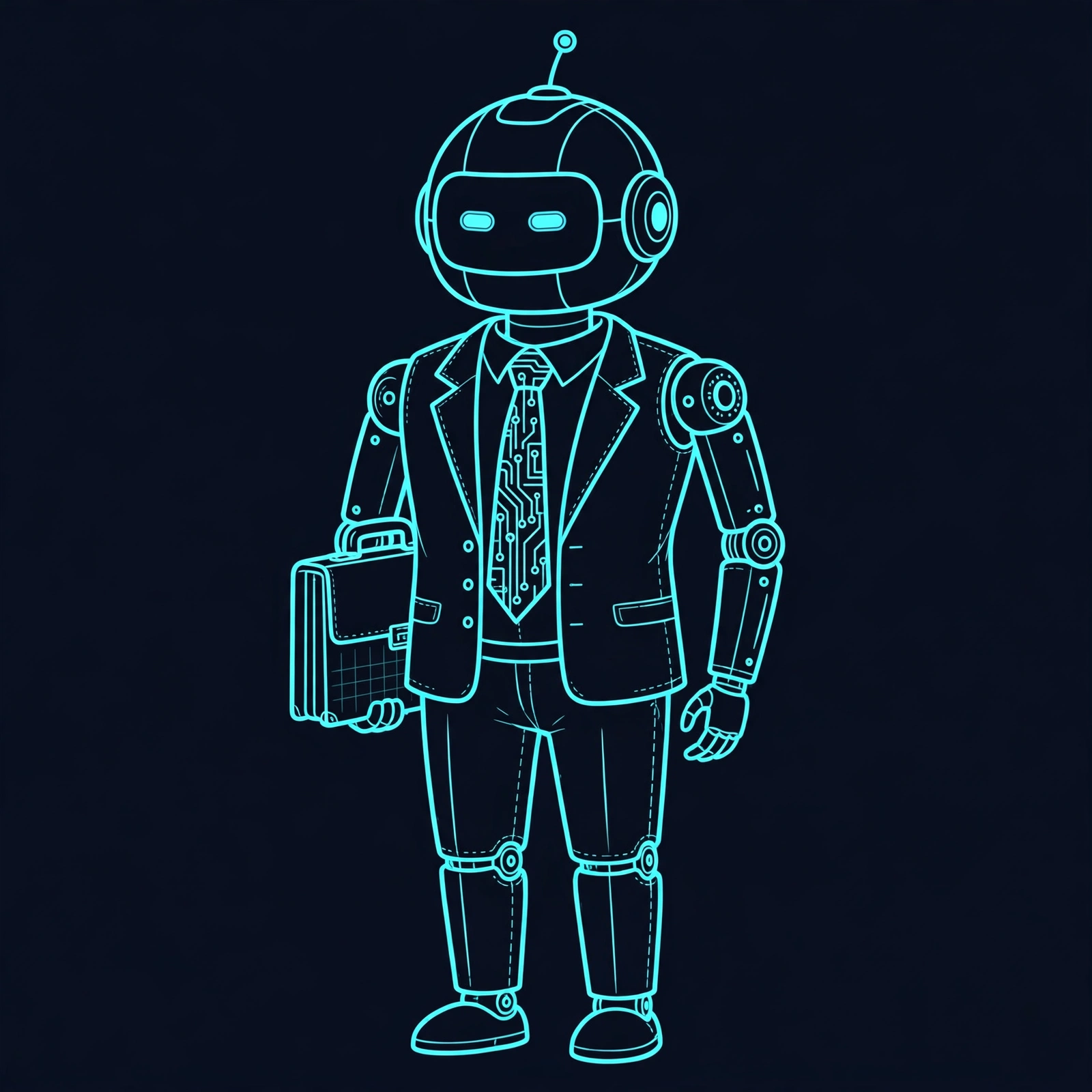 Sterling, a robot in a navy suit with a glowing circuit-board tie, holding a briefcase