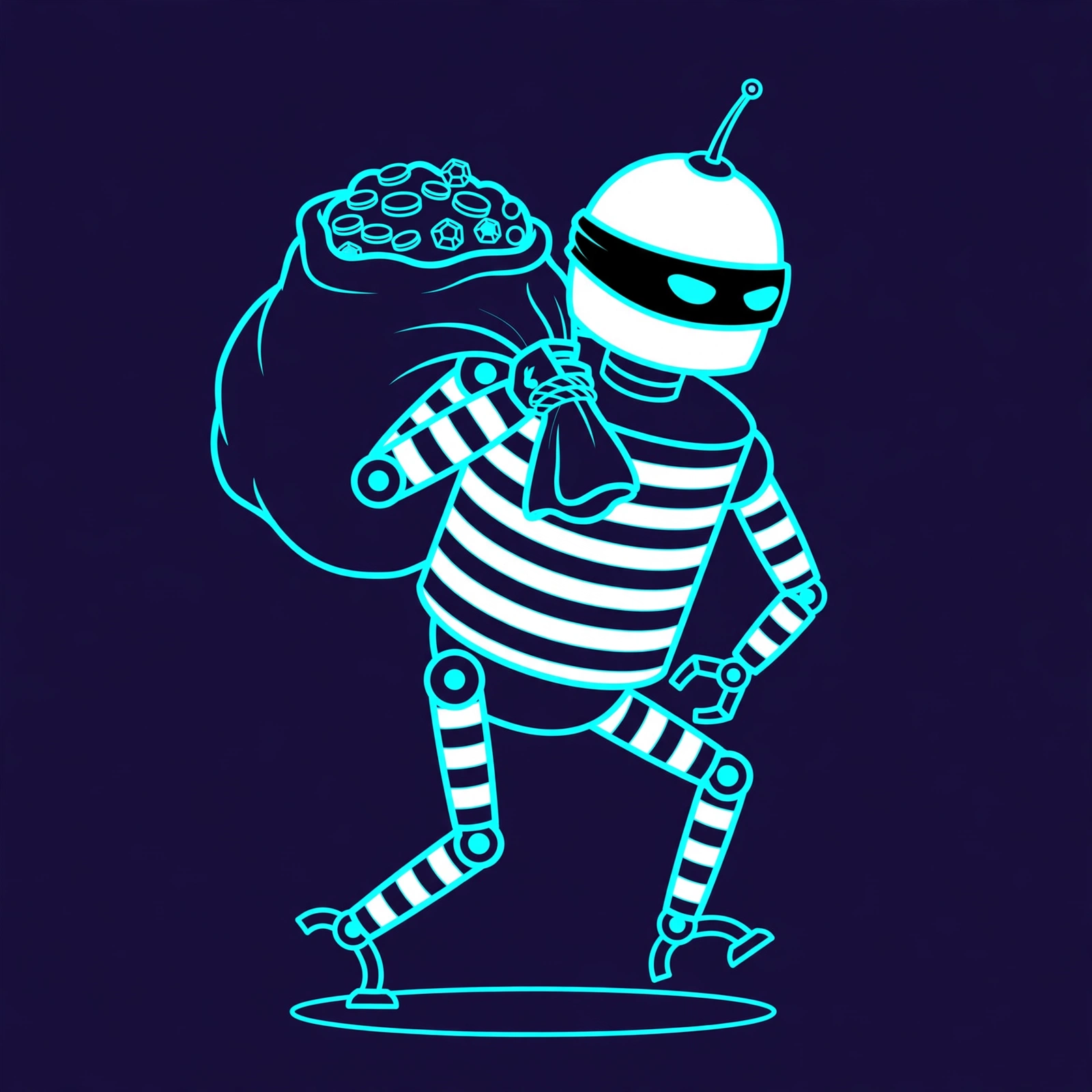 Swipes, a robot in a black-and-white striped burglar outfit and mask, tiptoeing with a sack of looted parts